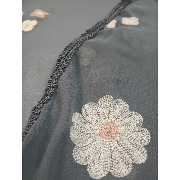 Hagel Sz L Gray Chiffon Open Front Cover Up Top Floral Kimono Tasseled - Picture 4 of 12
